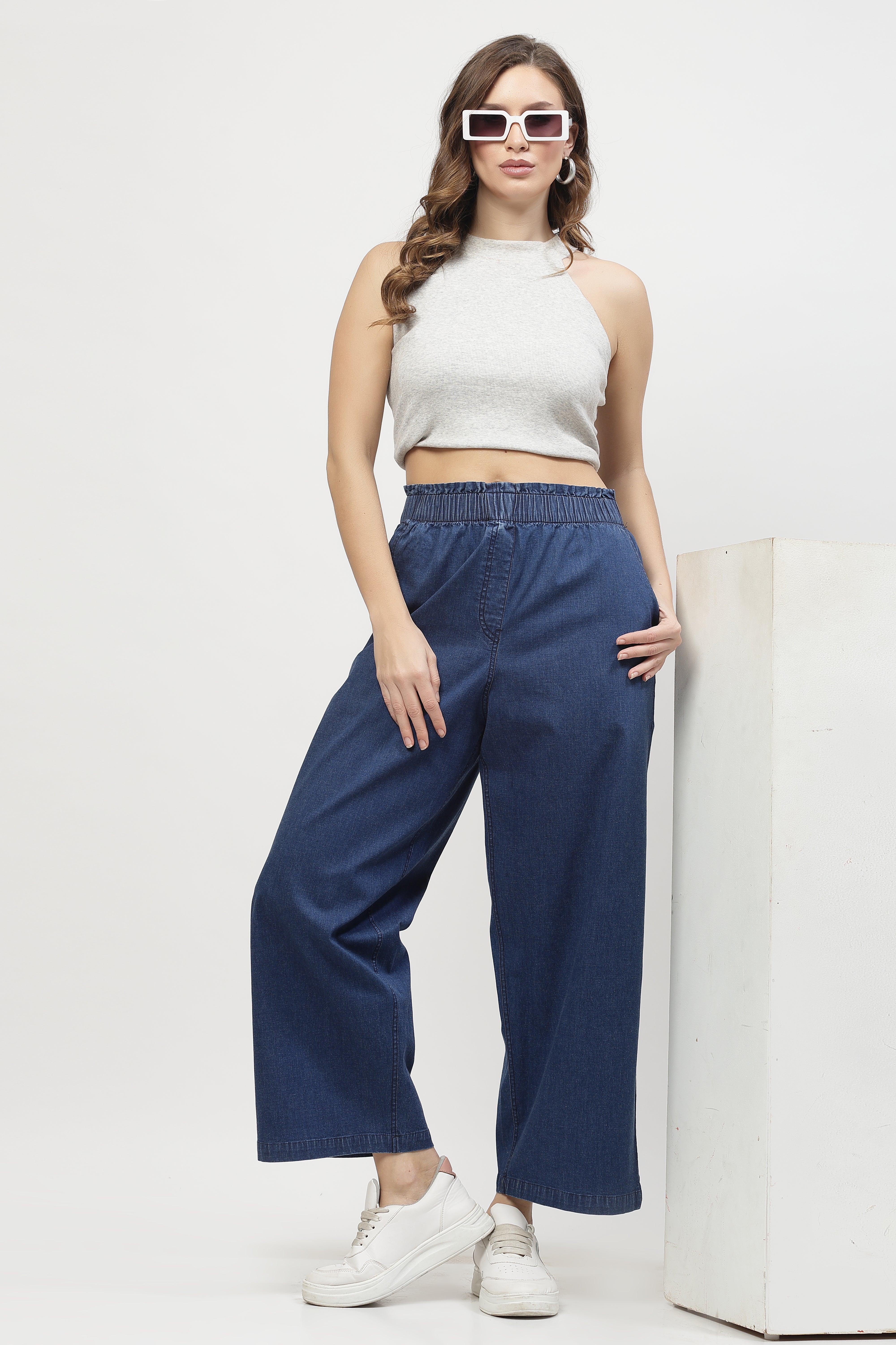 FLARE CROP-LENGTH PULL-ON PANT IN STRETCH COTTON DENIM main image 1